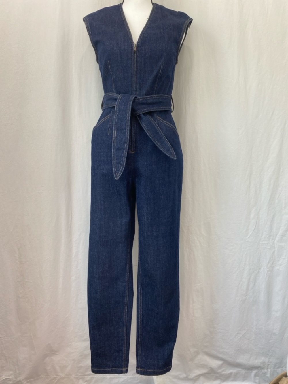 La Vie by Rebecca Taylor Dark Blue Denim Sleeveless Jumpsuit Tie Belt size XS